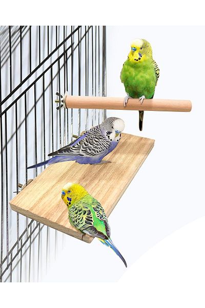 Alyones 4 PCS Bird Perch Stand Platform Toy - Natural Wood Bird Cage Accessories 2 Flat, 2 Rectangular