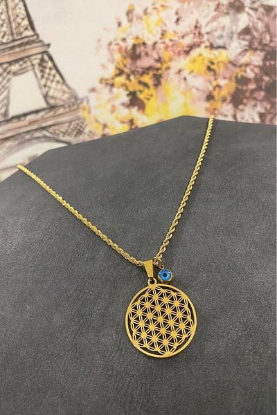 Bhs life Thick Chain with Evil Eye Beads - Steel Tree of Life Necklace 40