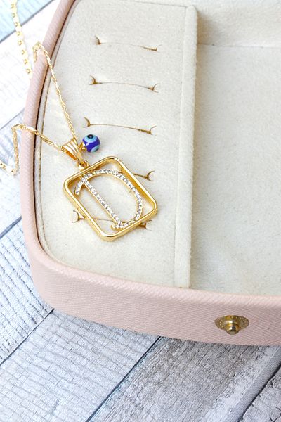 Neva GOLD PLATED ARPA CHAIN NAVY BLUE MURANO EVIL EYE STONE LETTER BIGUTER NECKLACE