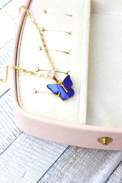 Neva GOLD PLATED ARPA CHAIN NAVY BLUE COLOR BUTTERFLY BIGUTER NECKLACE