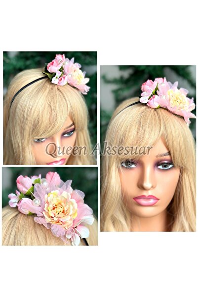 QUEEN AKSESUAR Design special, lux, perle artificiale, flori de trandafir, logodna, henna, mireasa, zi speciala, femei, copii, coroana, roz deschis, tiara