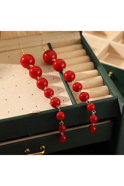 İPAR AKSESUAR Red Pearl Gold Design Earrings