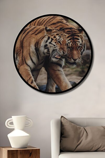 Teona Ahşap Dekoratif Dişi Kaplan Ve Erkek Kaplan Duvar Tablo Ahşap Yuvarlak ...