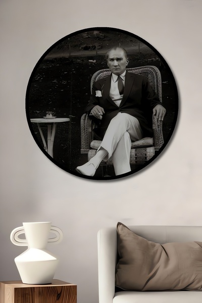 Teona Ahşap Dekoratif Siyah Beyaz Atatürk Duvar Tablo Ahşap Yuvarlak Tablo