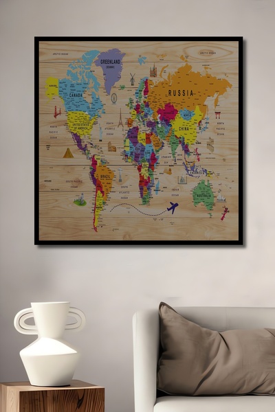 Teona Ahşap Ahşap Görünümlü Dünya Haritası Sembollü Eğitici Ve Öğretici Ahşap...