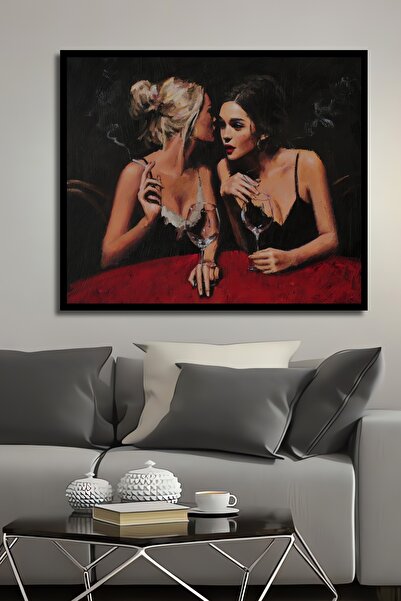 Teona Ahşap Dekoratif Yatay Şarap İçen Kadınlar Duvar Tablo Ahşap Dikdörtgen ...