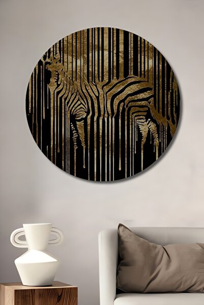 Teona Ahşap Altın Zebra Dekoratif Ahşap Tablo Şık Yuvarlak Duvar Dekorasyon T...