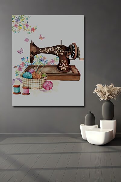 Teona Ahşap Dekoratif Dikey Renkli Çiçekler Ve Dikiş Makinesi Duvar Tablo Ahş...