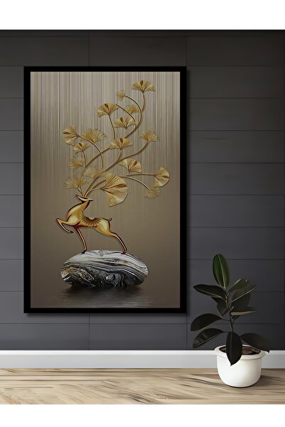 Teona Ahşap Muhteşem Altın Geyik Dekoratif Ahşap Tablo Çerçeve Görünümlü Dike...