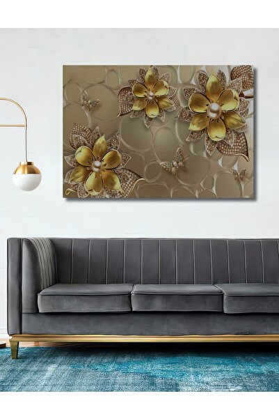 Teona Ahşap Dekoratif Üç Boyutlu Gold Taşlı Çiçekler - Ahşap Tablo Şık Yatay ...