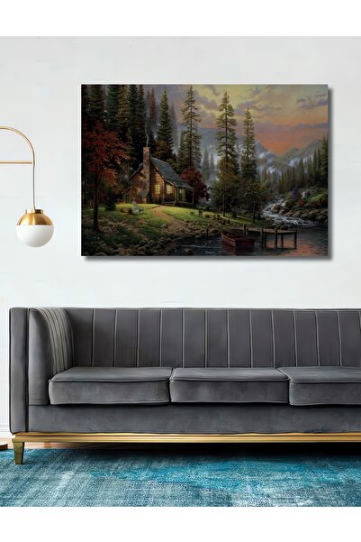 Teona Ahşap Dekoratif Orman Evi Manzaralı Resmi Ahşap Tablo Şık Yatay Duvar D...