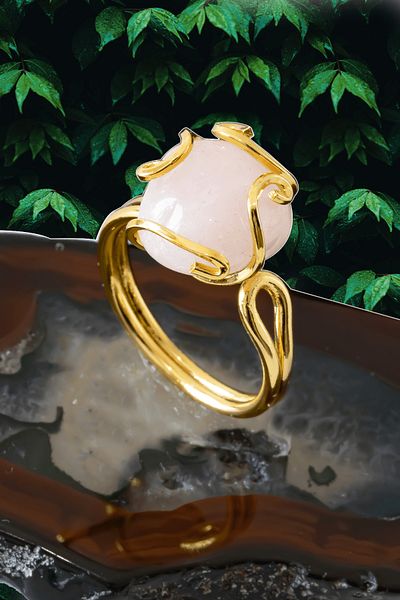 Tesbih Atölyesi Certified Gold Rococo Model Pink Quartz Stone Ring - Adjustable