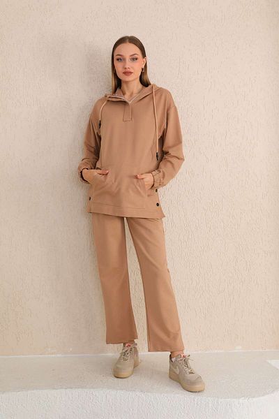 Miss Dünya Lissa Milk Brown Maternity and Maternity Hooded Sweatshirt Tracksuit Set