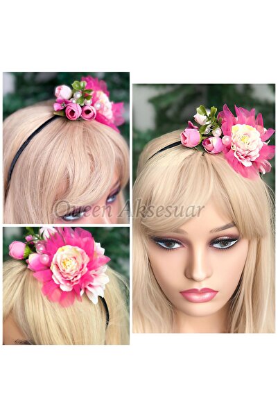 QUEEN AKSESUAR Design special, lux, perle artificiale, flori de trandafir, logodnă, henna, mireasă, zi specială, femei, copii, tiara, roz fucsia, coroană