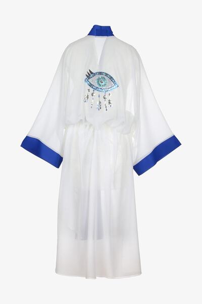 Beyaz Şifon Üzeri Saks Rengi Biye Ve Kuşak,arkası Pul Payet Işlemeli Nazarlıklı Kimono Plaj Elbisesi