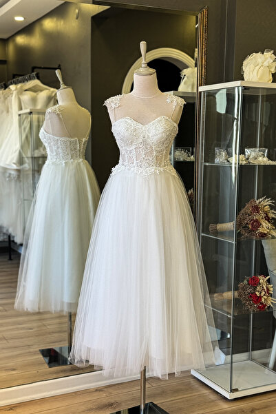 Lenta Moda Beyaz işlemeli Dantel Kaplamalı Abiye Elbise