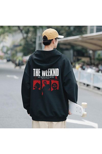 Touz Черен унисекс суичър с качулка с принт отпред и отзад Weeknd