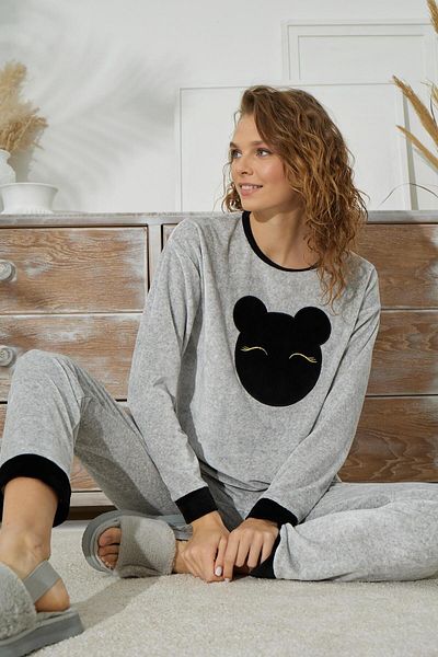 Sevim Women's Long Sleeve Velvet Gray Melange Pajamas Set C1T5N2O53