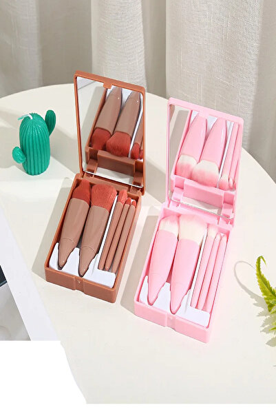 aks kozmetik 2'li set PEMBE+KAHVE Taşınabilir Aynalı 5'li Makyaj Fırça Seti G...