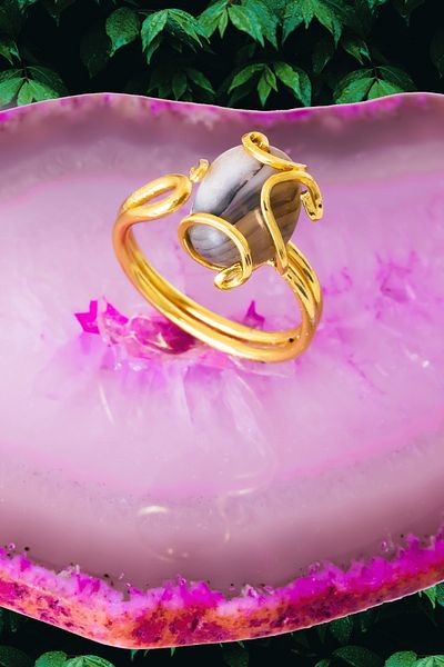 Tesbih Atölyesi Certified Rococo Model Black and White Agate Stone Ring - Adjustable