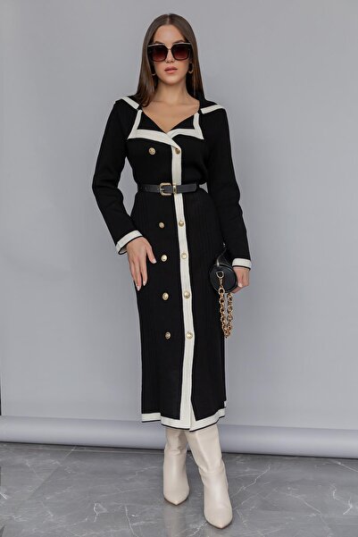 modabirsen فستان تريكو بأزرار - أسود