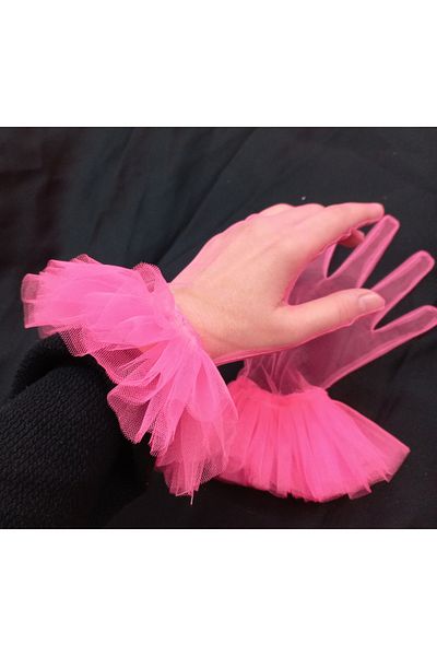 es moda shop Yasmin long ruffled gauze gloves neon pink