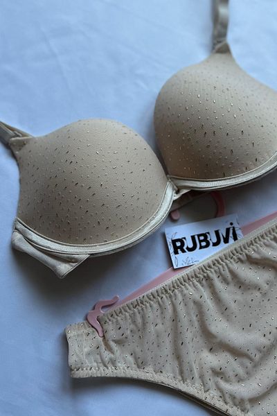 Rubuvi Stone Detailed - Supported Gathering Women's Bra and Underwire Panties Underwear Clothes Set