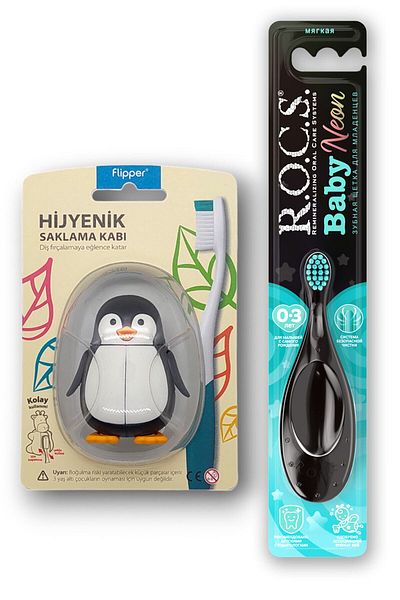 R.O.C.S. 0-3 Years Baby Neon Toothbrush and Hygienic Storage Container Set - Turquoise and Flipper Penguin