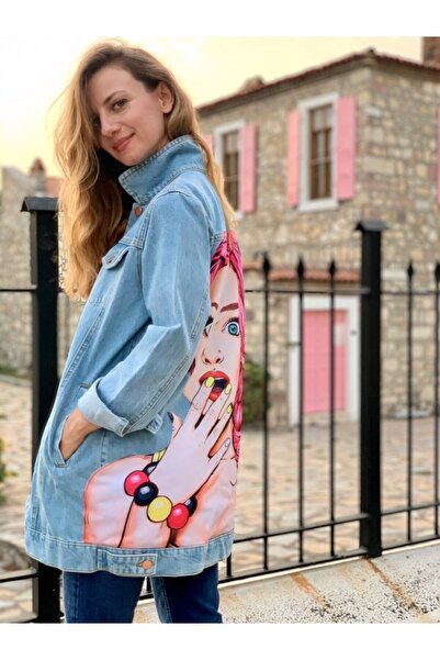 poupee Kadın Büyük Beden Kot Ceket, Büyük Beden Denim Ceket, Uzun Kadın Kot Ceket, Pembe Saçlı XXL Ceket