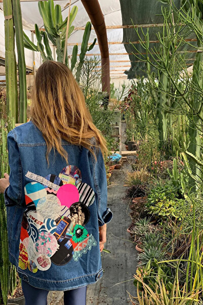 poupee Kadın Büyük Beden Kot Ceket, Mavi Büyük Beden Yuvarlak Patchwork Detaylı Tasarım Kot Ceket