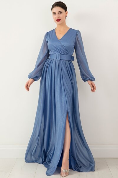 PULLIMM Kruvaze Yaka Uzun Kol Kemerli Simli Elbise 13369