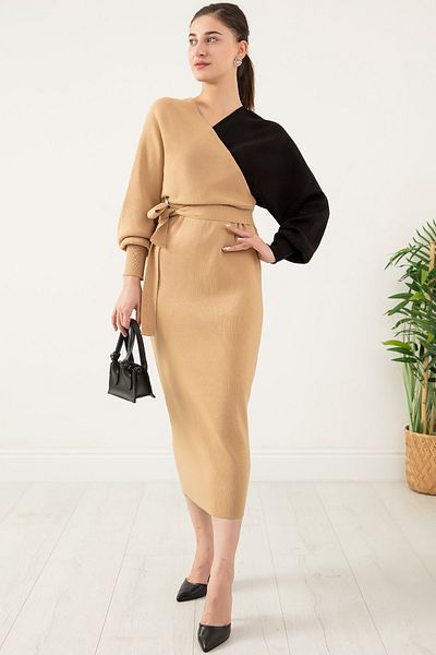 PULLIMM Rochie tricotată Yarasakol dublă culoare Midiboy ESP043