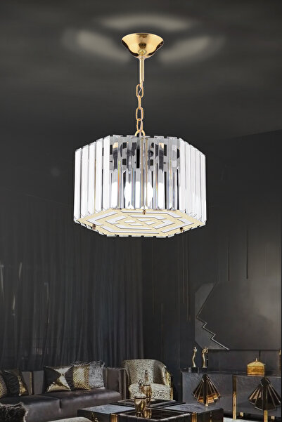 M Mediyamu Aydınlatma Altıgen Geometrik Desenli Kristal Taşlı Sarkıt Gold Sal...