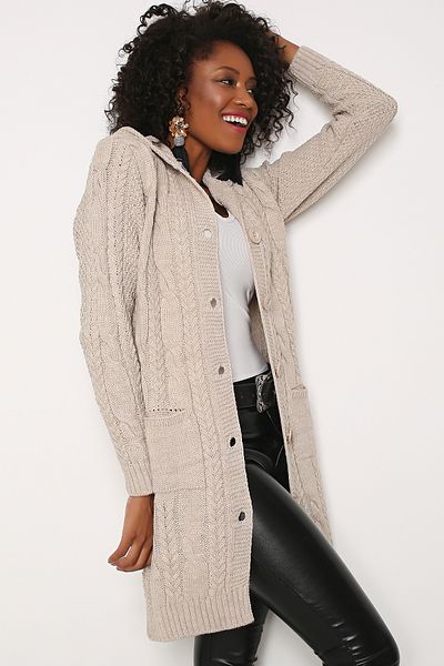 AVORWE Hooded Hair Braided Buttoned Front Pocket Detailed Knitwear Cardigan