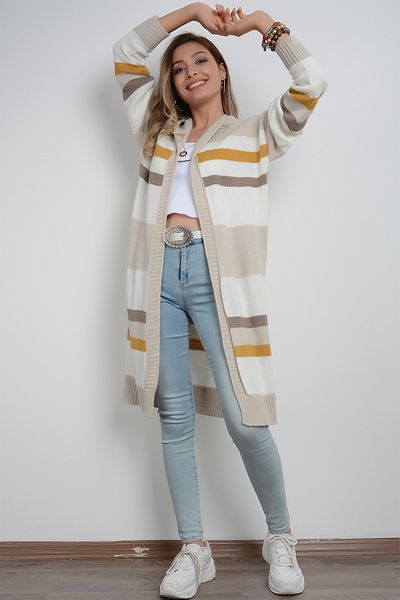 AVORWE Color Blog Hooded Midi Knitwear Cardigan