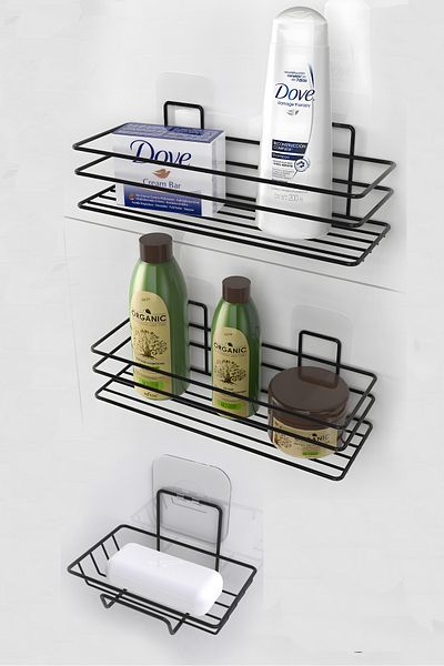 KARTEYA 3-Piece Bathroom Set Adhesive Stainless Bathroom Soap Dish Shower Cabin Shelf Shampoo Holder Bathroom Organizer Set