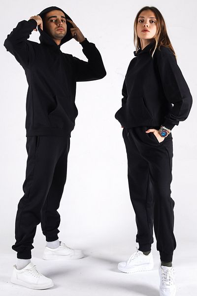 NAKRUF Unisex Black Hooded Tracksuit Set with Cotton Kangaroo Pocket