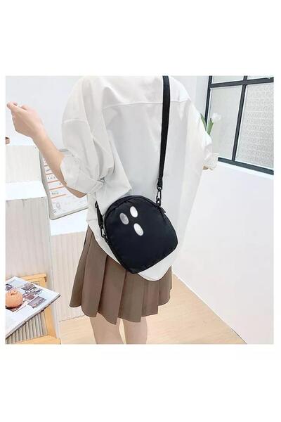 Toum Confused Face Baskılı Fermuarlı Unisex Kanvas Siyah Omuz Çantası