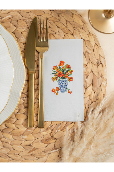 Rima Tasarım Turuncu Çiçek Blue Blanc Baskılı Lüx Sunum Peçetesi 20li