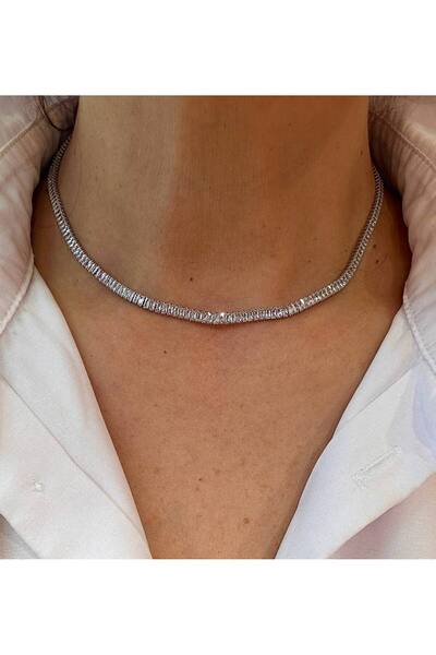 Esmeray Aksesuar Gümüş Renk Kristal Baget Taşlı Rodyum Kaplama Su Yolu Kolye ...