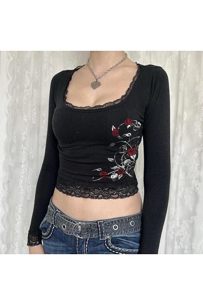 Touz Roses & Skull Printed Lace Lace Black Long Sleeve Blouse