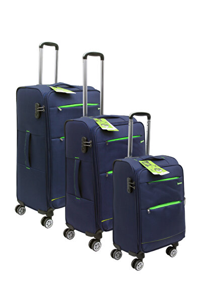 SENSAMITE Lacivert Kabin (KÜÇÜK) Orta Ve Büyük Boy 3'lü Carry-on Ultra Hafif Lüks Kumaş Valiz Seti