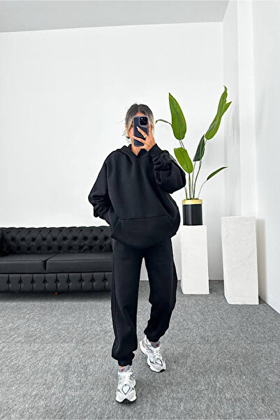 Shine Stone طقم بدلة رياضية أسود سميك بغطاء للرأس من الأسفل