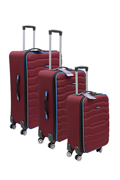 ES POLO TRIP Bordo Kabin (KÜÇÜK) Orta Ve Büyük Boy 3'lü Özel Kabartmalı Kumaş Valiz Seti
