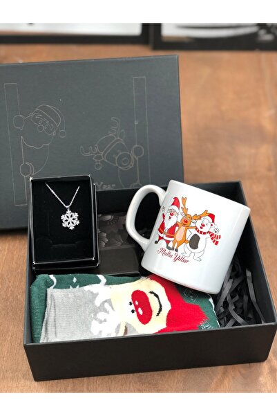 Denseden Yılbaşı özel kutuda baskılı kupa noel çorap ve kar tanesi kolye anne...