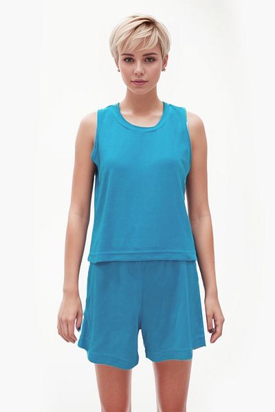 MY STAR HOME Turquoise Colored Towel Fabric 2 Pieces Cotton Women's Top and Bottom Set