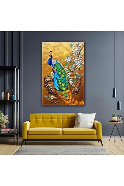 Piri Kanvas Tablo Yağlı Boya Efektli Tavus Kuşu Gold Kiraz Ağacı Kanvas Tablo