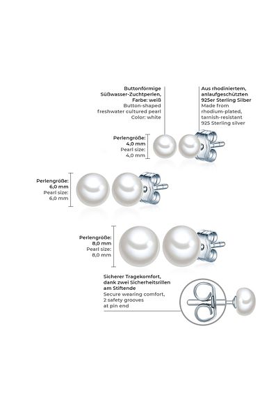 Valero Pearls Modeschmuckset 3er-Set Ohrstecker Sterling Silber Süßwasser-Zuchtperlen weiß