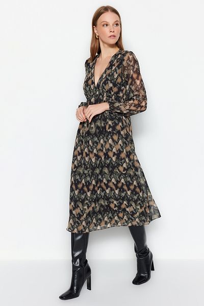 Trendyol Collection Wielobarwna tkana sukienka midi z podszewką z szyfonu TWOAW24EL00890