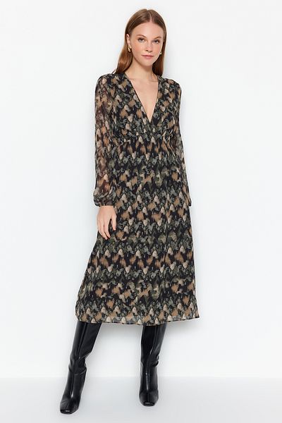 Trendyol Collection Wielobarwna tkana sukienka midi z podszewką z szyfonu TWOAW24EL00890